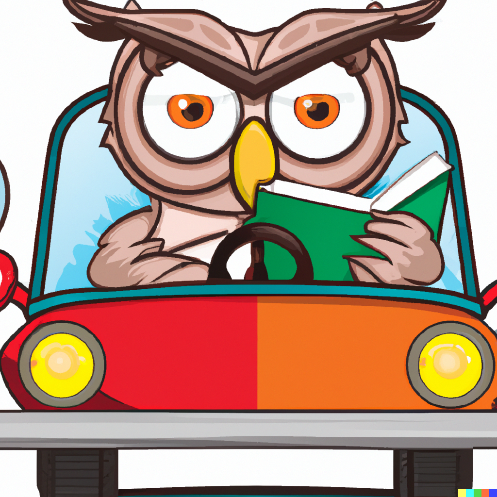 owl driving a car while reading a book