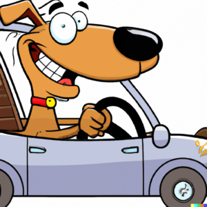 Happy dog defensive driving caricature