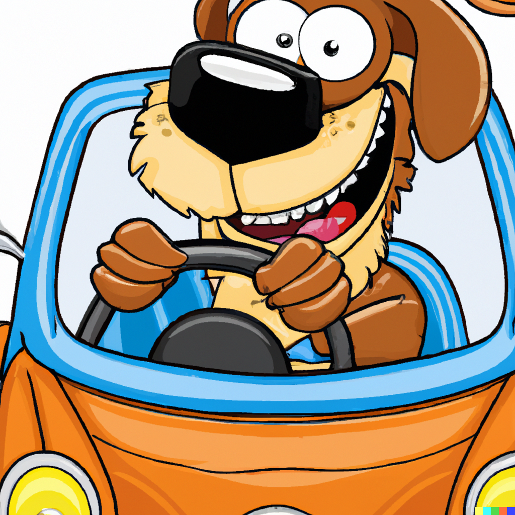 Happy dog driving a car caricature