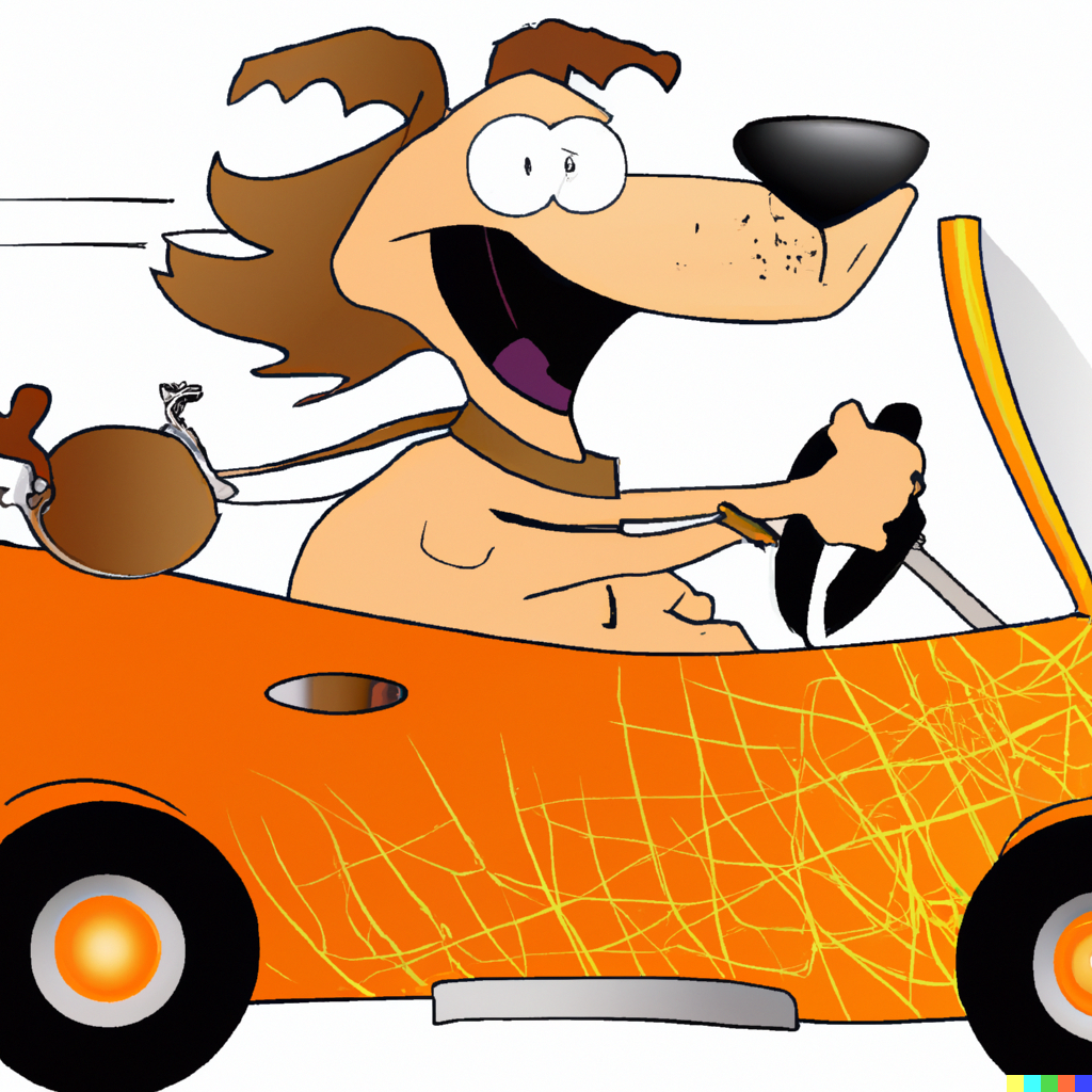 Happy dog driving rwd car caricature