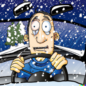 nervous driver driving at night in the snow