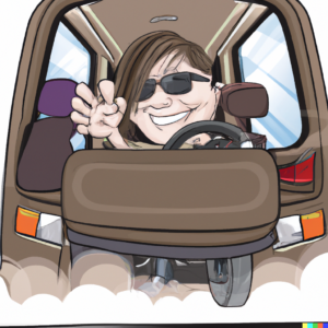 caricature of a proud wheelchair user driving a van