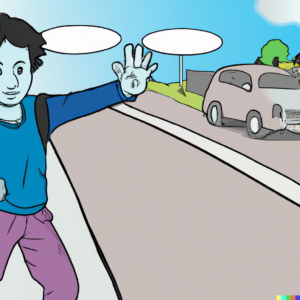 caricature of a young boy hitchhiking