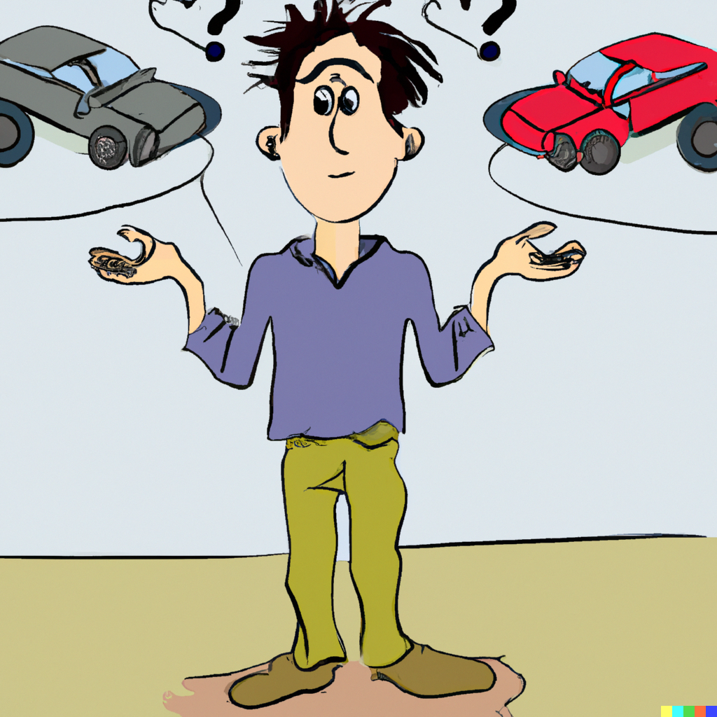 caricature of a young boy looking confused at two cars, one car is automatic and the other one is manual