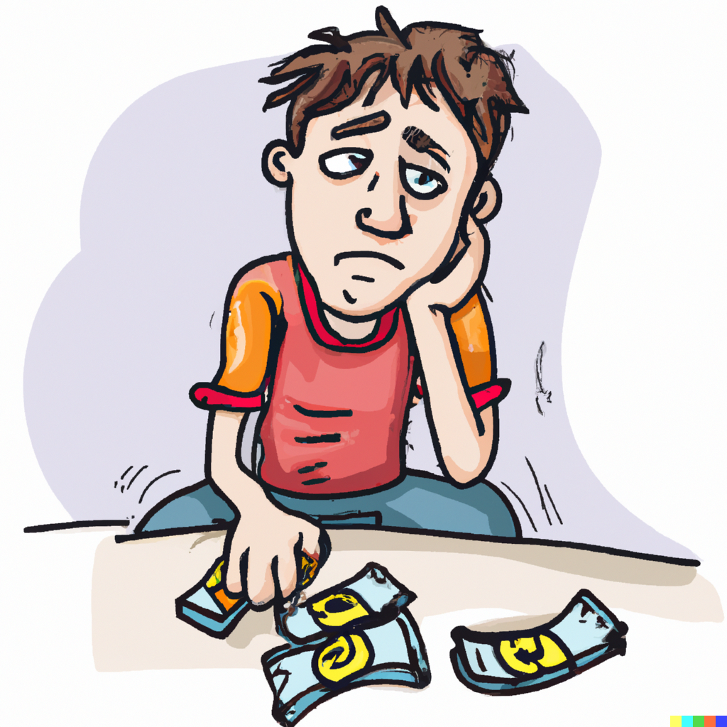caricature of a young guy counting real money and looking sad
