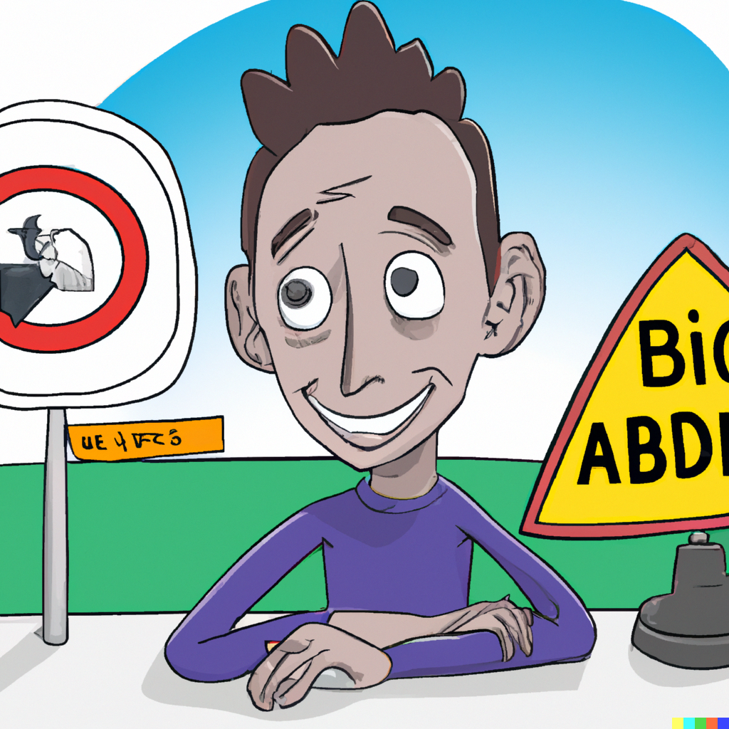 caricature of a young guy watching a youtube explainer video about road signs