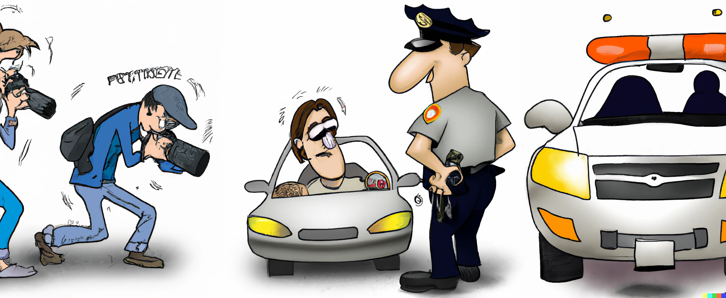 caricature of driver pulled over by police for drug testing an paparazzi taking photos