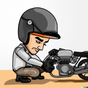 caricature of mature confident man wearing gloves and helmet checking engine on a motorbike