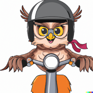 confident owl driving a motorcycle wearing a helmet