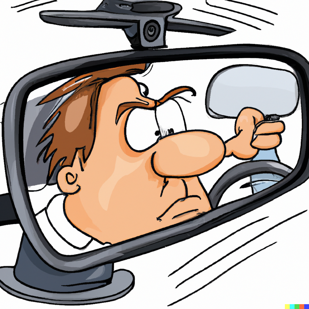 driver checking traffic trough the car side mirrors caricature