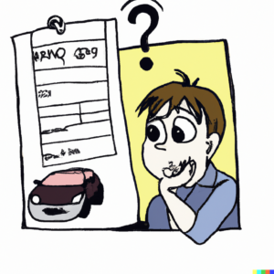 cartoon drawing of a teenager looking at a driving licence with question marks in it