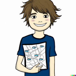cartoon drawing of happy teenager holding a map with Irish driving test centers locations on it